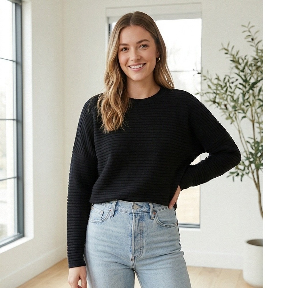 Splendid Women S Black Ribbed Long Sleeve Crew Neck Pullover Sweater Small NWT